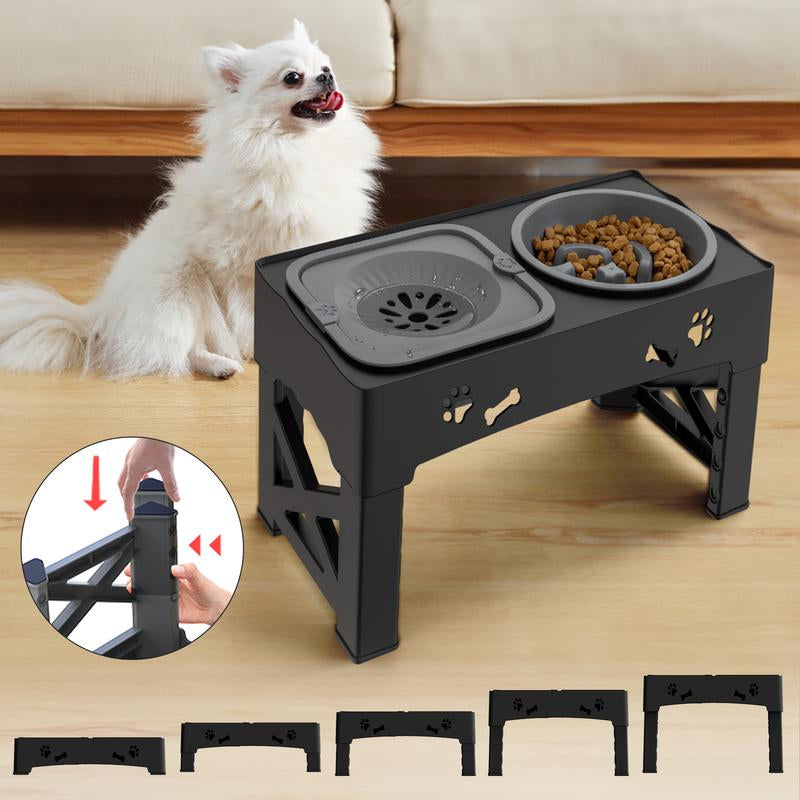 Elevated Dog Bowls, Raised Dog Bowl Stand with Slow Feeder & No Spill Water Bowl, 5 Adjustable Heights for Large Medium and Small Dogs