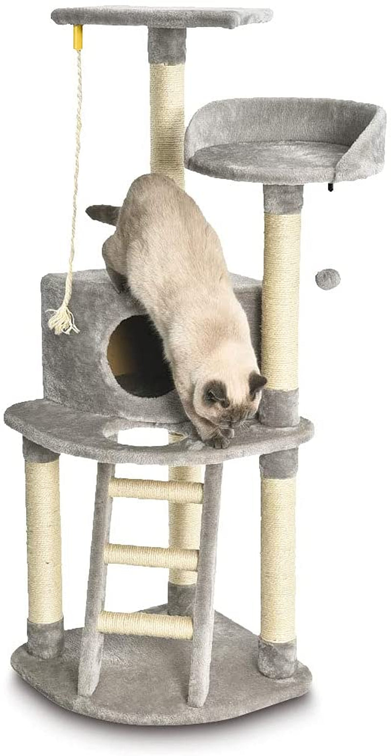 Light Grey Cat Condo Tree Tower with Scratching Post & Step Ladder - 52 Inches Tall