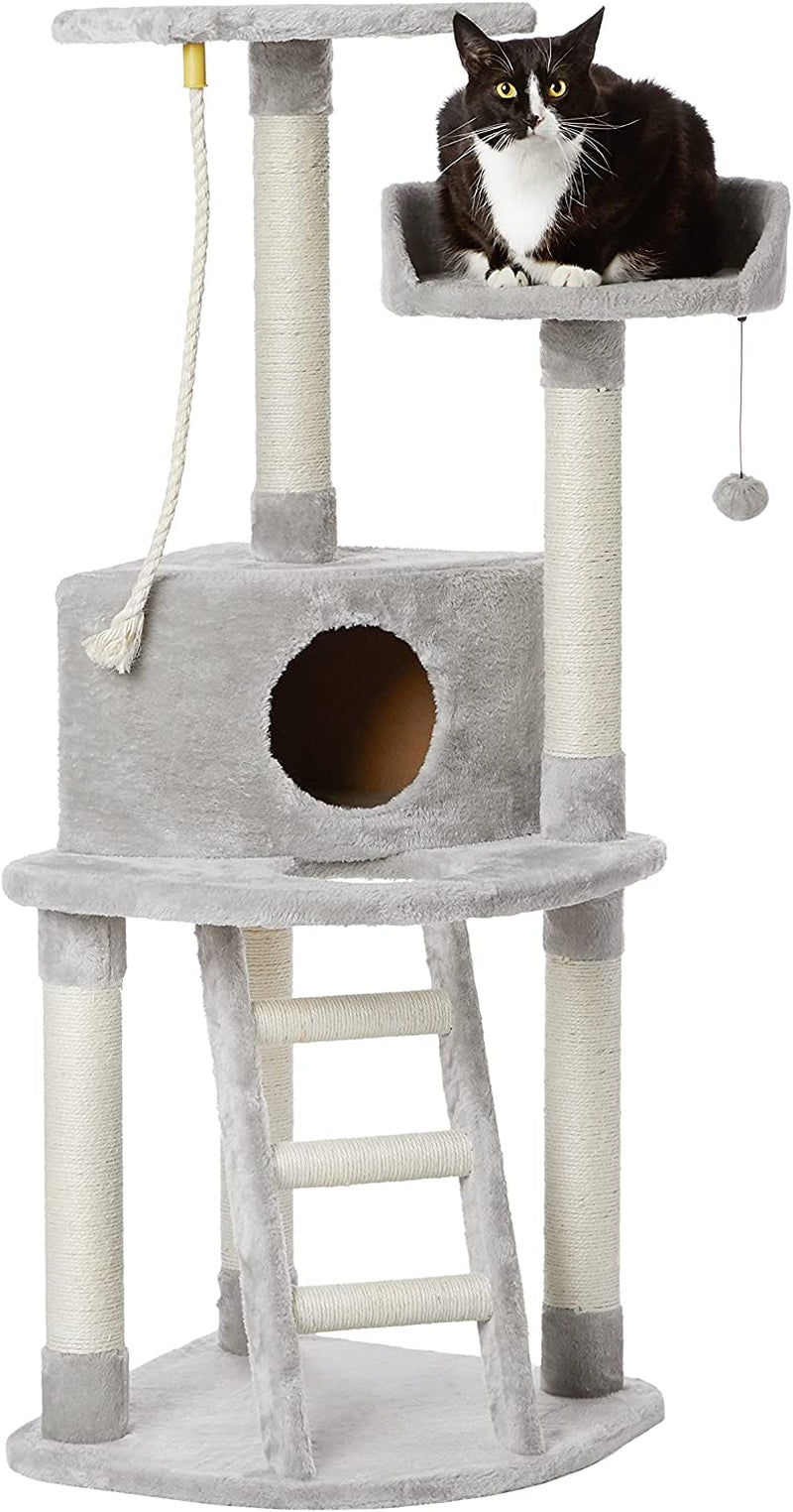 Light Grey Cat Condo Tree Tower with Scratching Post & Step Ladder - 52 Inches Tall
