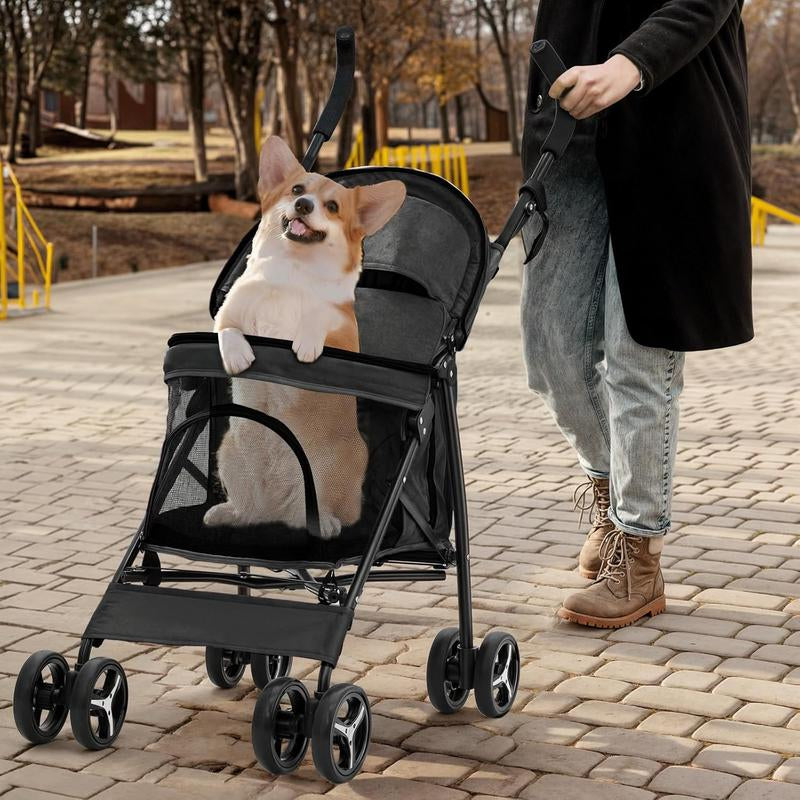 4 Wheels Pet Stroller, Easy-Fold Puppy Cage Jogger Stroller with Sun Cover, Pad and Rear Storage Bag, Breathable and Visible Mesh for Small/Medium Pets up to 22 Lbs, Black Cattravel Comfy Carrier with Washable Bed