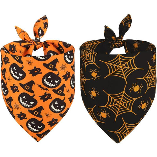 Halloween Bandanas 2 Pack, 4 Reversible Triangle Halloween Pumpkins Cobwebs Scarf for Large and Dogs, Durable Fabric for Boy and Girl Pets XL
