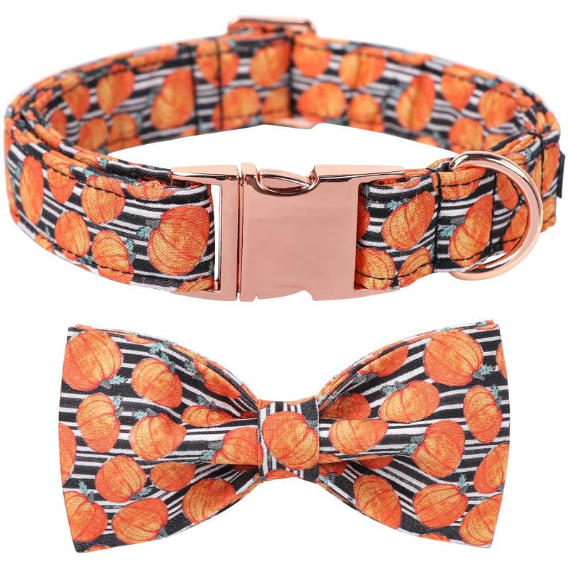Halloween Dog Collar, Adjustable Ghost & Pumpkin Collar with Bowtie, Birthday Gift for Dogs of All Sizes