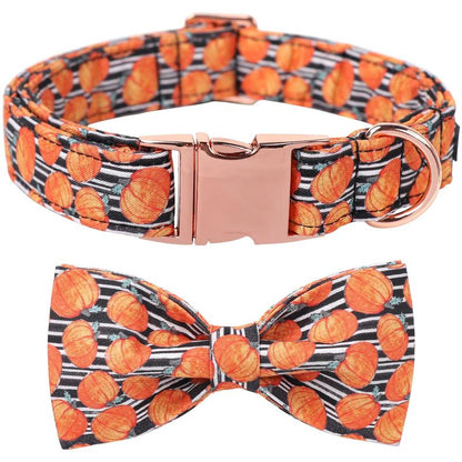 Halloween Dog Collar, Adjustable Ghost & Pumpkin Collar with Bowtie, Birthday Gift for Dogs of All Sizes