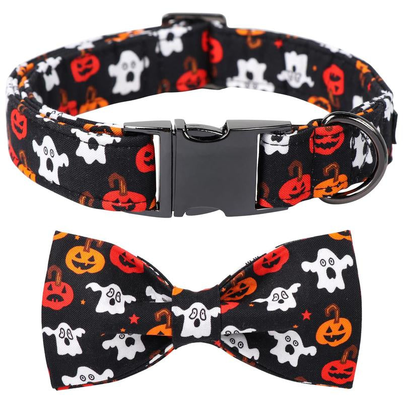 Halloween Dog Collar, Adjustable Ghost & Pumpkin Collar with Bowtie, Birthday Gift for Dogs of All Sizes