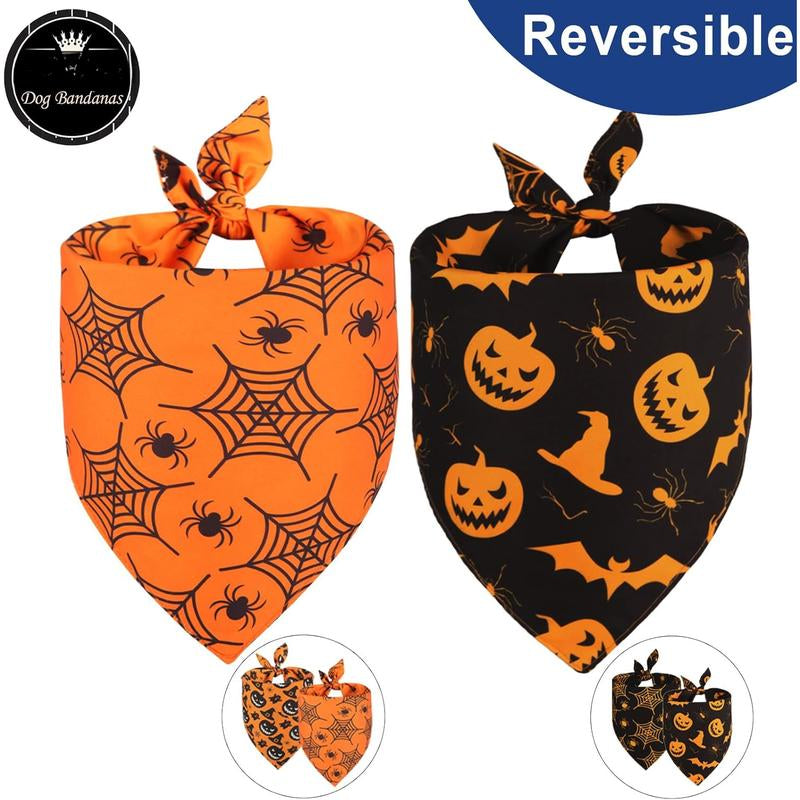 Halloween Bandanas 2 Pack, 4 Reversible Triangle Halloween Pumpkins Cobwebs Scarf for Large and Dogs, Durable Fabric for Boy and Girl Pets XL