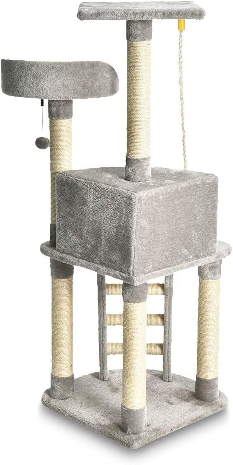 Light Grey Cat Condo Tree Tower with Scratching Post & Step Ladder - 52 Inches Tall