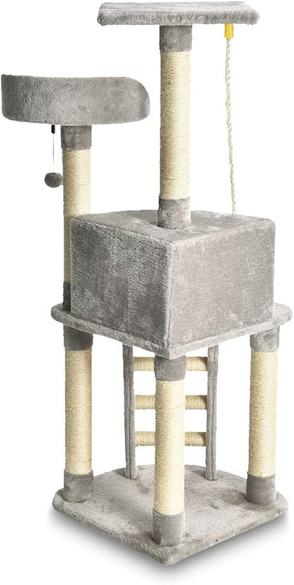Light Grey Cat Condo Tree Tower with Scratching Post & Step Ladder - 52 Inches Tall