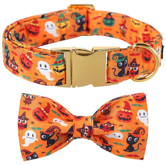 Halloween Dog Collar, Adjustable Ghost & Pumpkin Collar with Bowtie, Birthday Gift for Dogs of All Sizes