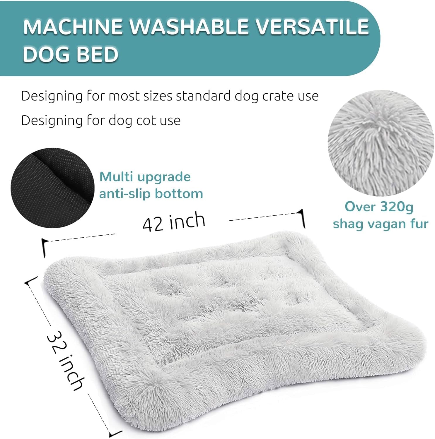 X-Large Calming Dog Bed Crate Pad - Machine Washable Grey Mat for Large Dogs