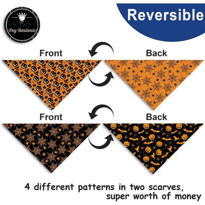 Halloween Bandanas 2 Pack, 4 Reversible Triangle Halloween Pumpkins Cobwebs Scarf for Large and Dogs, Durable Fabric for Boy and Girl Pets XL