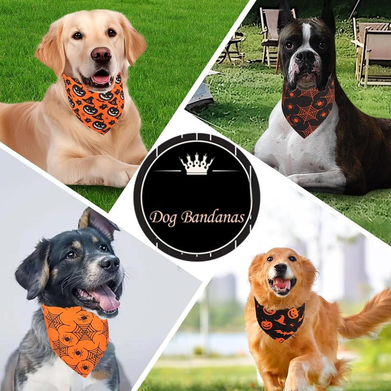 Halloween Bandanas 2 Pack, 4 Reversible Triangle Halloween Pumpkins Cobwebs Scarf for Large and Dogs, Durable Fabric for Boy and Girl Pets XL