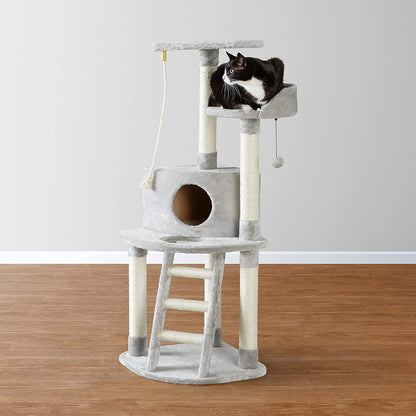 Light Grey Cat Condo Tree Tower with Scratching Post & Step Ladder - 52 Inches Tall