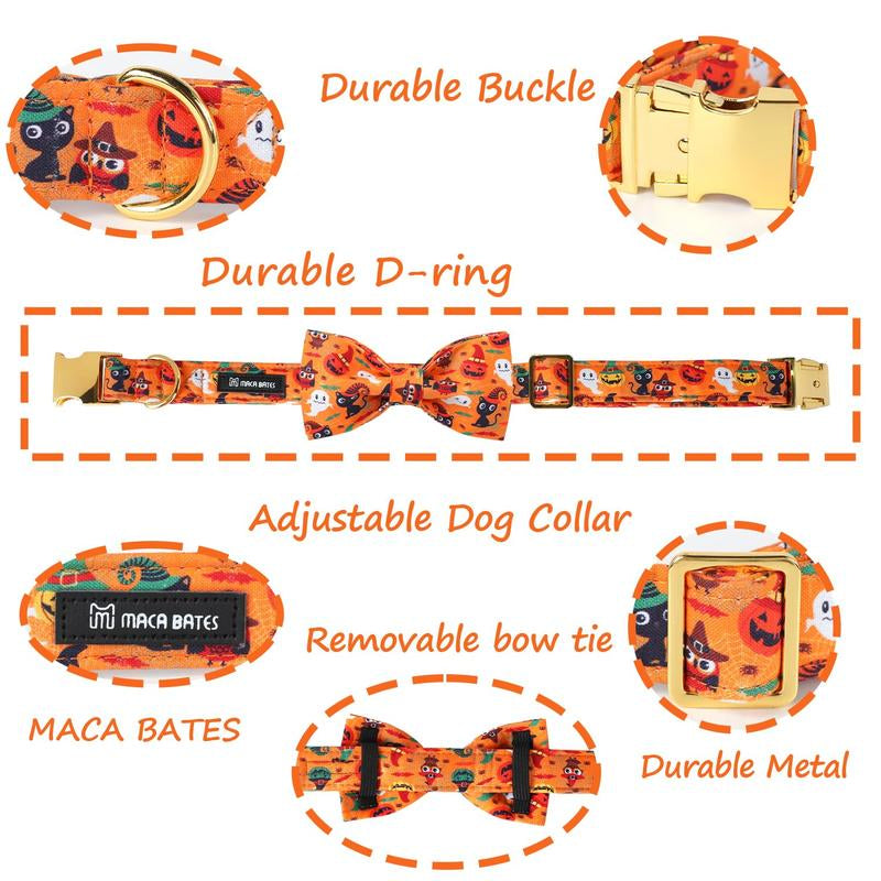 Halloween Dog Collar, Adjustable Ghost & Pumpkin Collar with Bowtie, Birthday Gift for Dogs of All Sizes