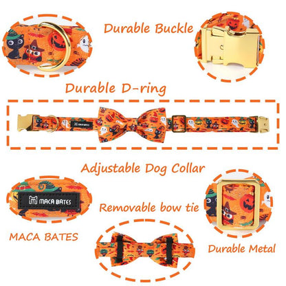 Halloween Dog Collar, Adjustable Ghost & Pumpkin Collar with Bowtie, Birthday Gift for Dogs of All Sizes