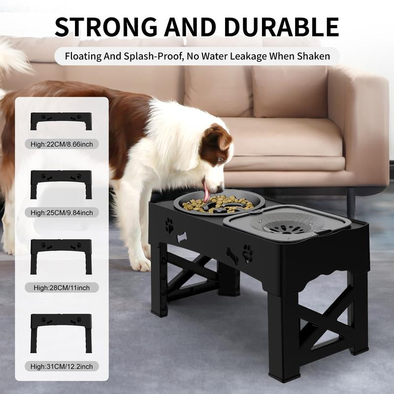 Elevated Dog Bowls, Raised Dog Bowl Stand with Slow Feeder & No Spill Water Bowl, 5 Adjustable Heights for Large Medium and Small Dogs