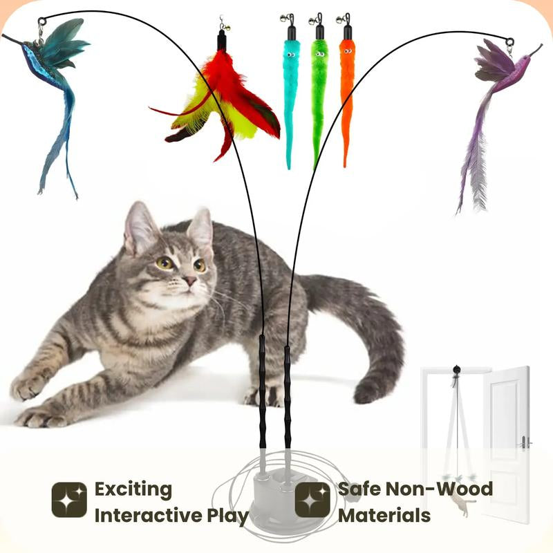 Gift for Pets, Interactive Cat Toy Set, 8 Counts/Set Including 2 Cat Wands with Base and 6 Feather Replacement Heads with Bells, Fun and Exercise for Indoor Cats