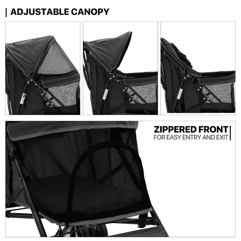 4 Wheels Pet Stroller, Easy-Fold Puppy Cage Jogger Stroller with Sun Cover, Pad and Rear Storage Bag, Breathable and Visible Mesh for Small/Medium Pets up to 22 Lbs, Black Cattravel Comfy Carrier with Washable Bed