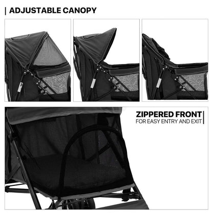 4 Wheels Pet Stroller, Easy-Fold Puppy Cage Jogger Stroller with Sun Cover, Pad and Rear Storage Bag, Breathable and Visible Mesh for Small/Medium Pets up to 22 Lbs, Black Cattravel Comfy Carrier with Washable Bed