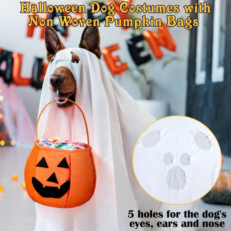 2 Pcs Halloween Dog Costumes with White Ghost Costume Non Woven Pumpkin Bags Dog Ghost Outfit Ghost Cosplay Clothes for Puppy Dogs Cats Pets, Halloween Party Decorations