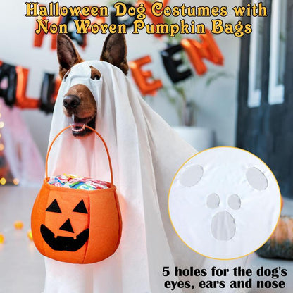 2 Pcs Halloween Dog Costumes with White Ghost Costume Non Woven Pumpkin Bags Dog Ghost Outfit Ghost Cosplay Clothes for Puppy Dogs Cats Pets, Halloween Party Decorations