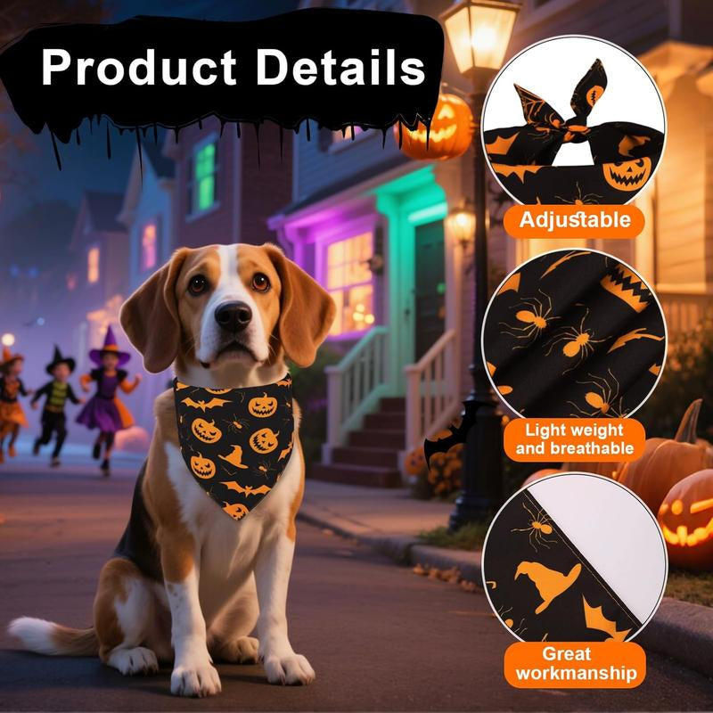 Halloween Bandanas 2 Pack, 4 Reversible Triangle Halloween Pumpkins Cobwebs Scarf for Large and Dogs, Durable Fabric for Boy and Girl Pets XL