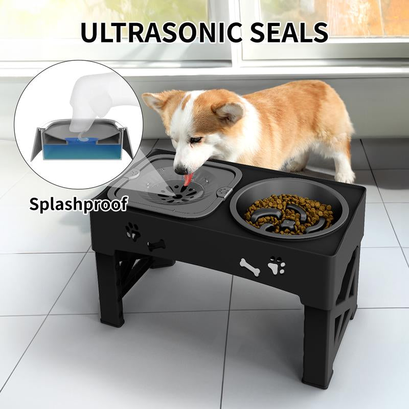 Elevated Dog Bowls, Raised Dog Bowl Stand with Slow Feeder & No Spill Water Bowl, 5 Adjustable Heights for Large Medium and Small Dogs