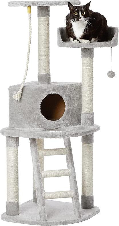 Light Grey Cat Condo Tree Tower with Scratching Post & Step Ladder - 52 Inches Tall