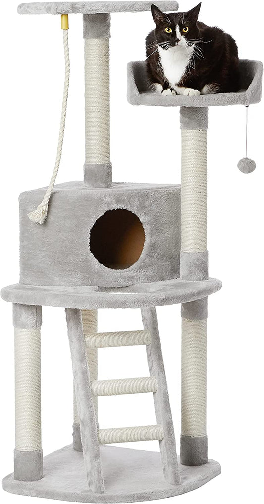 Light Grey Cat Condo Tree Tower with Scratching Post & Step Ladder - 52 Inches Tall