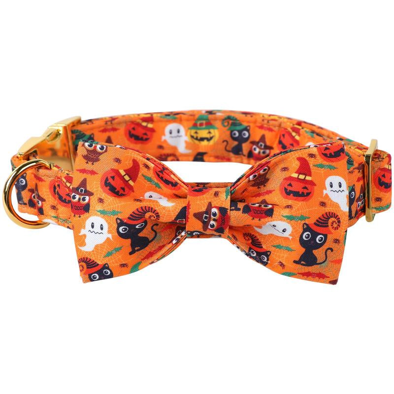 Halloween Dog Collar, Adjustable Ghost & Pumpkin Collar with Bowtie, Birthday Gift for Dogs of All Sizes