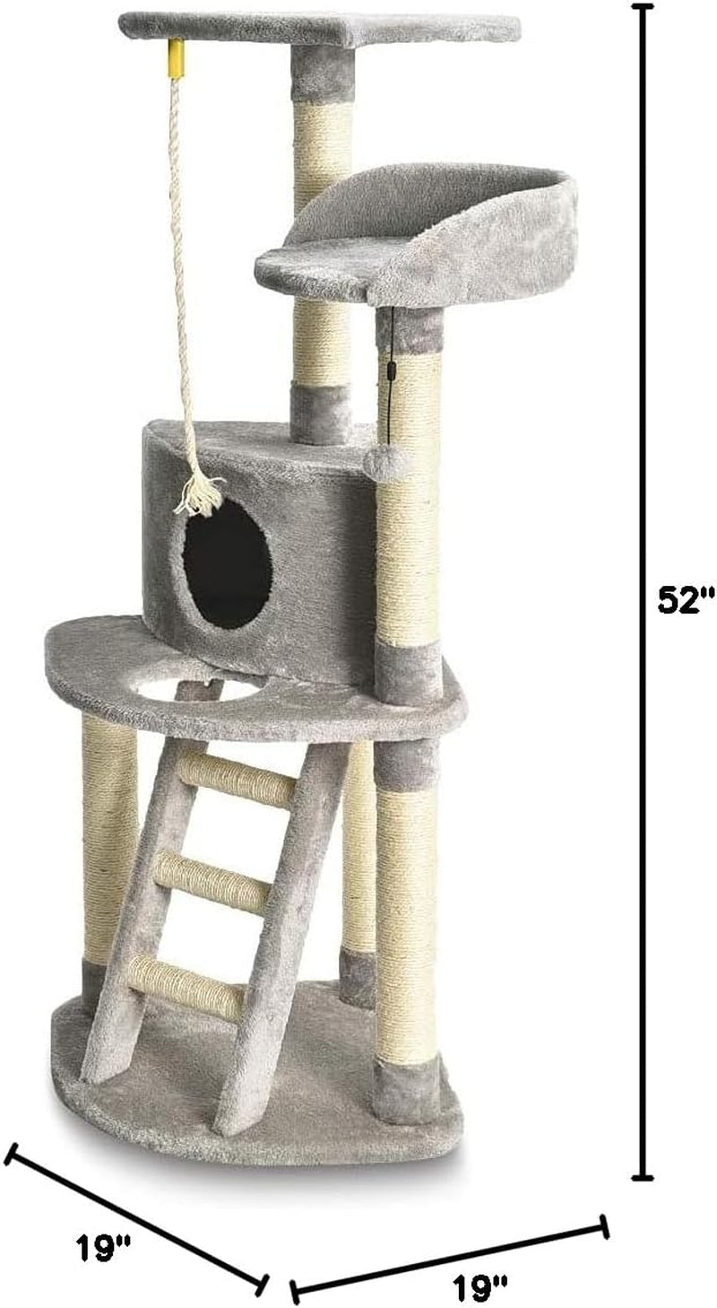 Light Grey Cat Condo Tree Tower with Scratching Post & Step Ladder - 52 Inches Tall