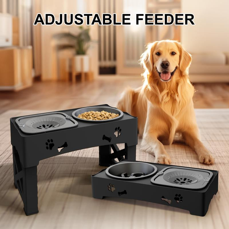 Elevated Dog Bowls, Raised Dog Bowl Stand with Slow Feeder & No Spill Water Bowl, 5 Adjustable Heights for Large Medium and Small Dogs